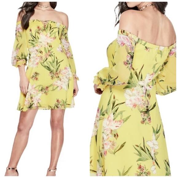 Guess Women's Off Shoulder Tropical Iris Aurora in Yellow Dress Size Medium - Picture 2 of 7